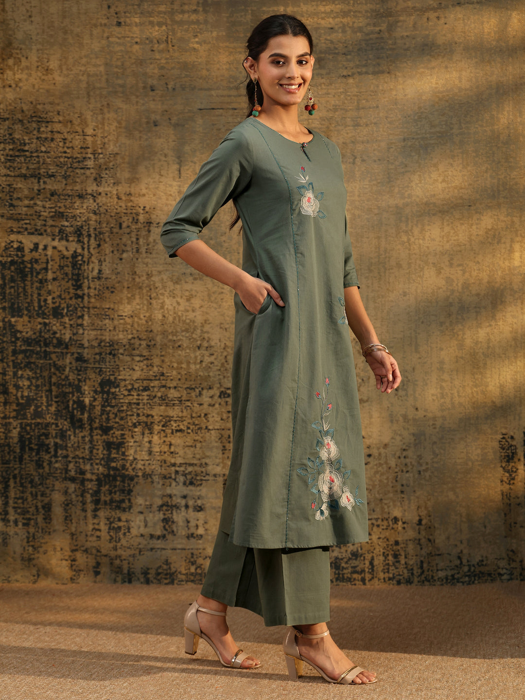  Libas Olive Green Floral Embroidered Cotton Co-Ord Set 