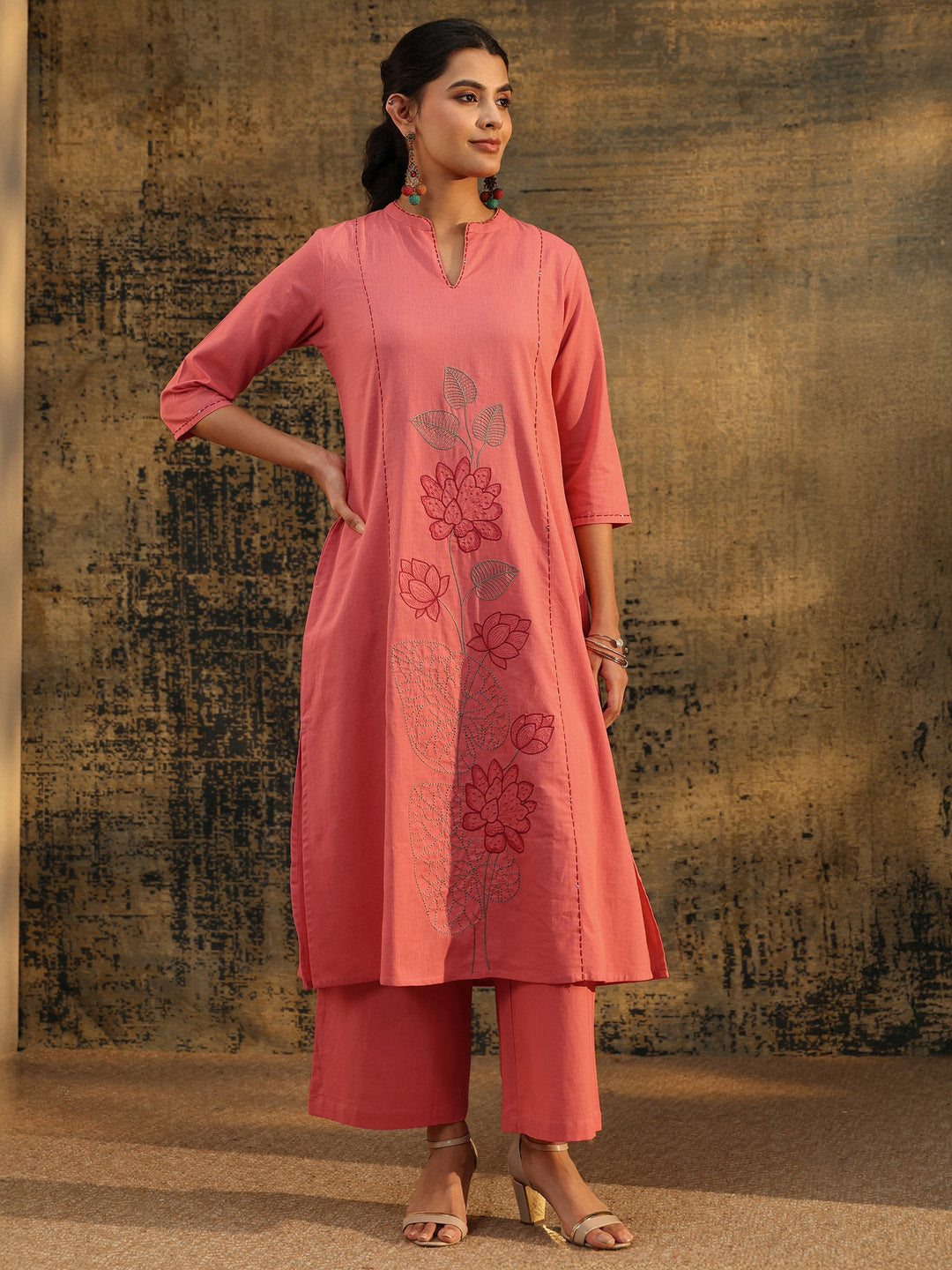  Libas Peach Pink Floral Embroidered Cotton Co-Ord Set 