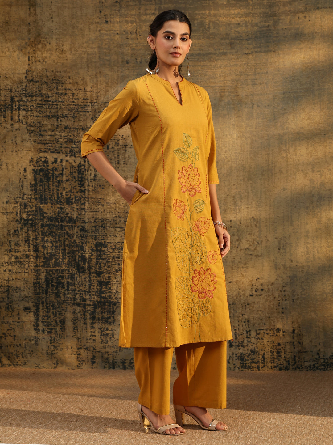  Libas Mustard Floral Embroidered Cotton Co-Ord Set 