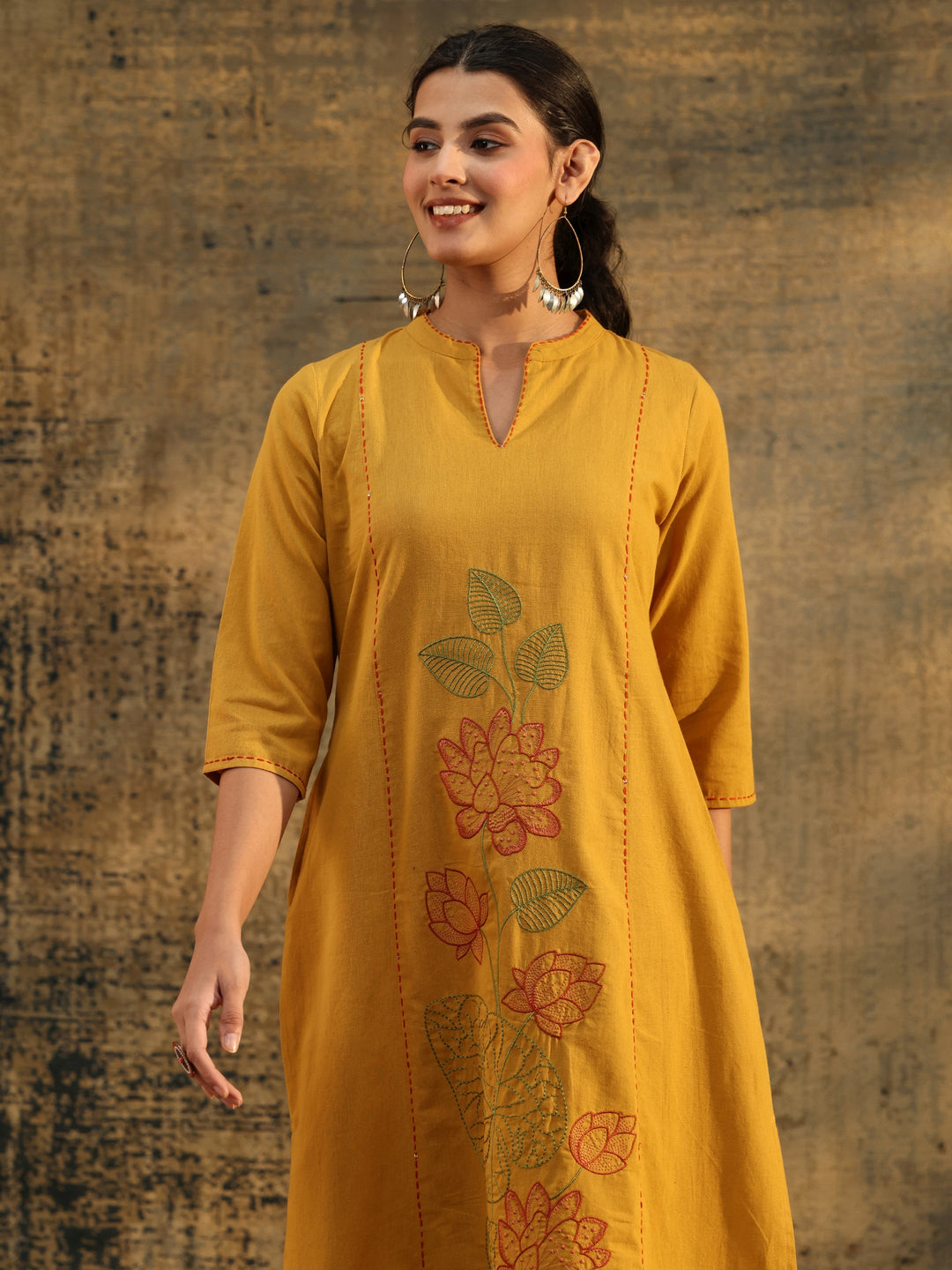  Libas Mustard Floral Embroidered Cotton Co-Ord Set 
