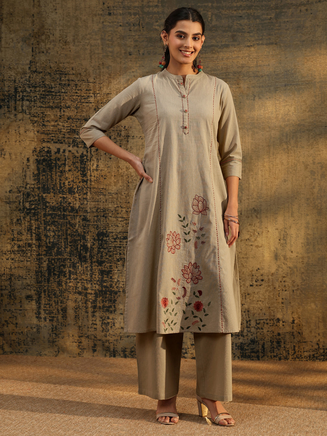  Libas Beige Floral Embroidered Cotton Co-Ord Set 
