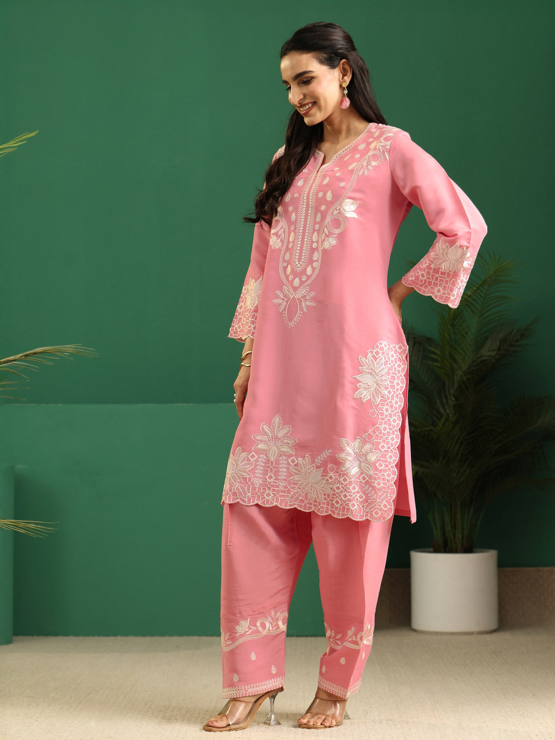  Libas Baby Pink Floral Embroidered Silk Blend Farshi Suit Set 