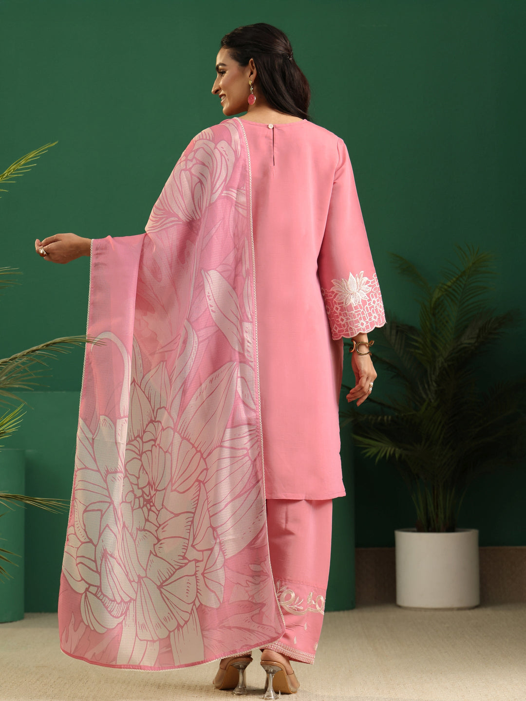  Libas Baby Pink Floral Embroidered Silk Blend Farshi Suit Set 