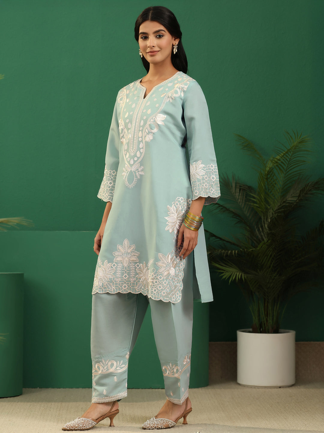  Libas Light Sea Green Floral Embroidered Silk Blend Farshi Suit Set 