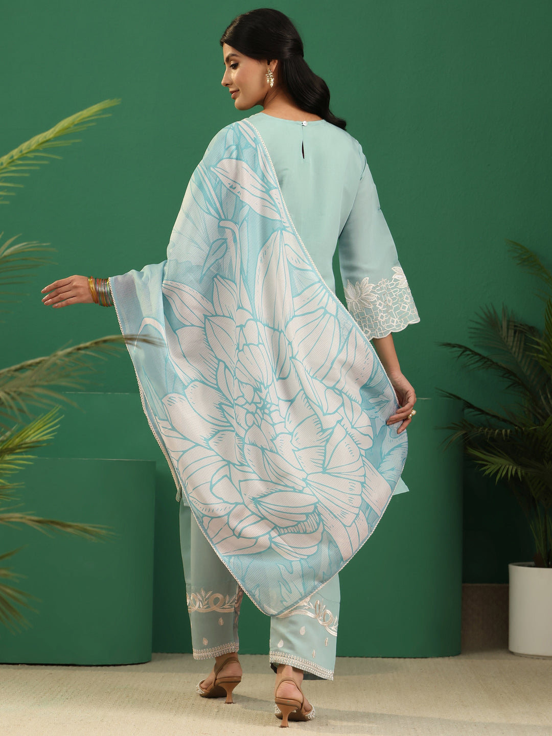  Libas Light Sea Green Floral Embroidered Silk Blend Farshi Suit Set 