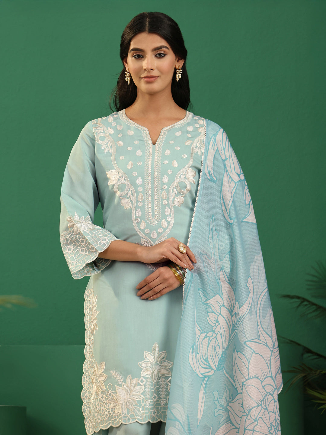  Libas Light Sea Green Floral Embroidered Silk Blend Farshi Suit Set 