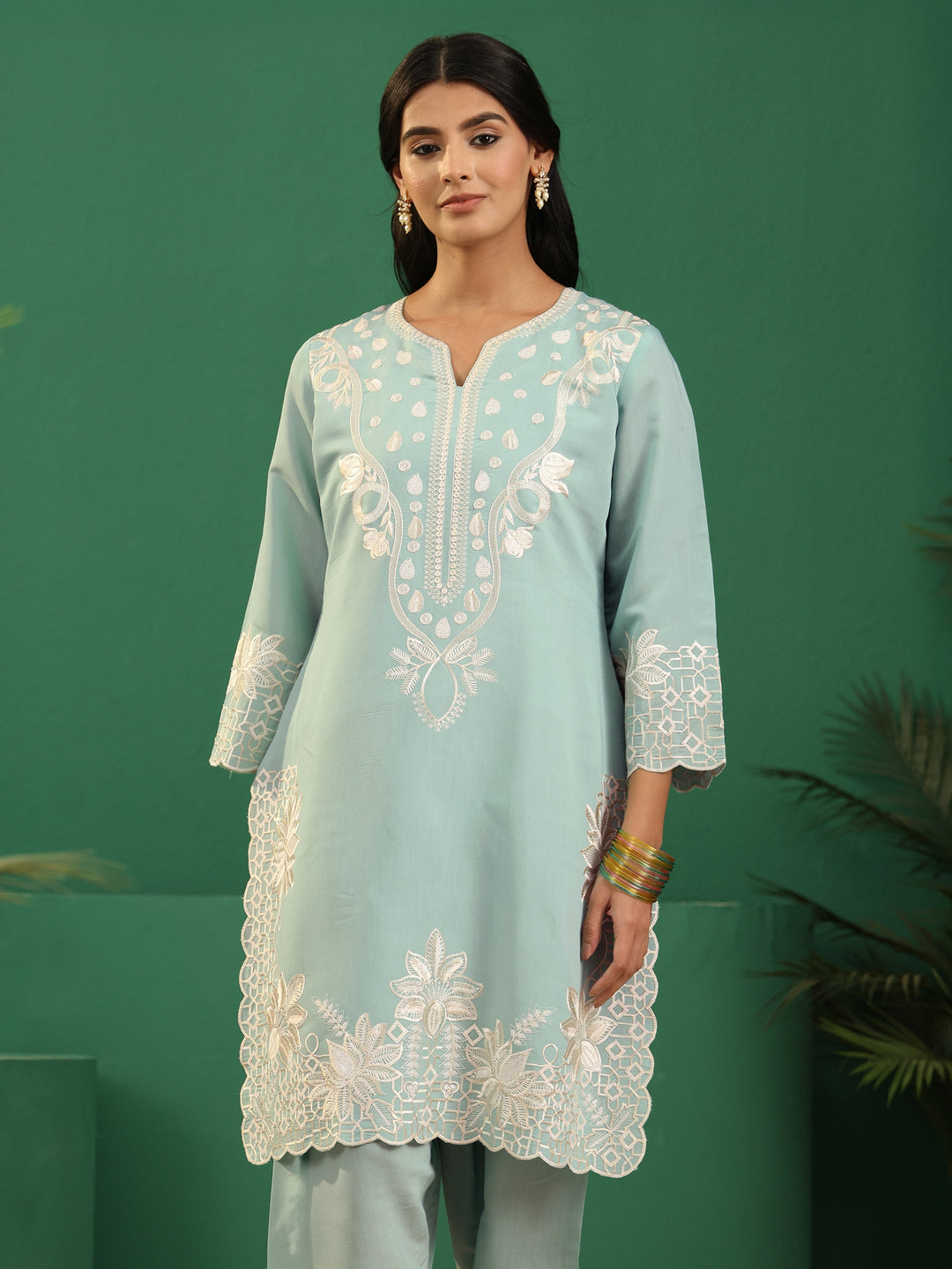  Libas Light Sea Green Floral Embroidered Silk Blend Farshi Suit Set 
