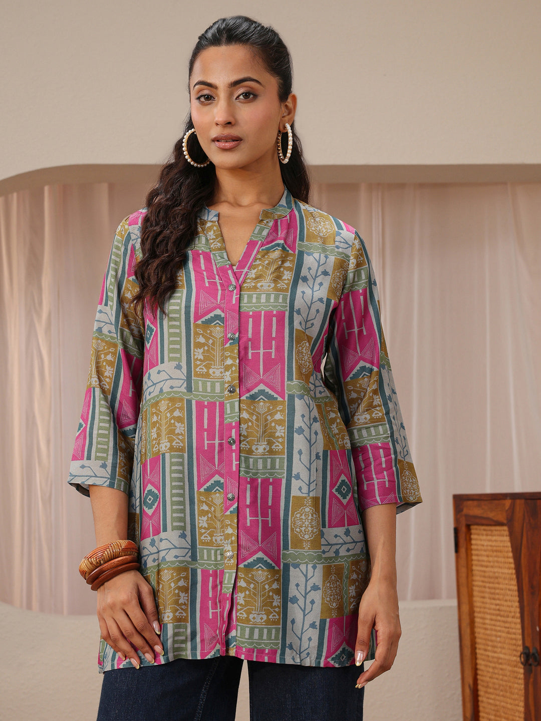  Multi Coloured Ethnic Printed Silk Blend Shirt 