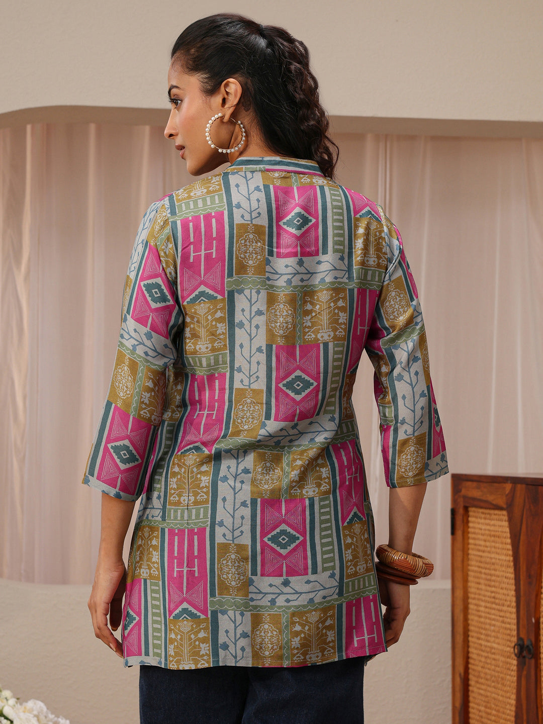  Multi Coloured Ethnic Printed Silk Blend Shirt 