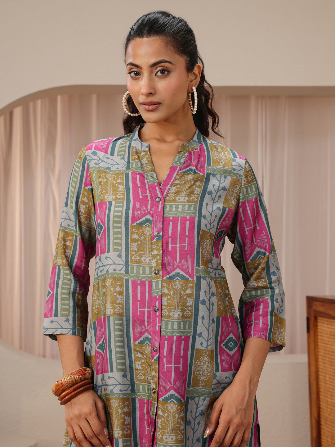  Multi Coloured Ethnic Printed Silk Blend Shirt 