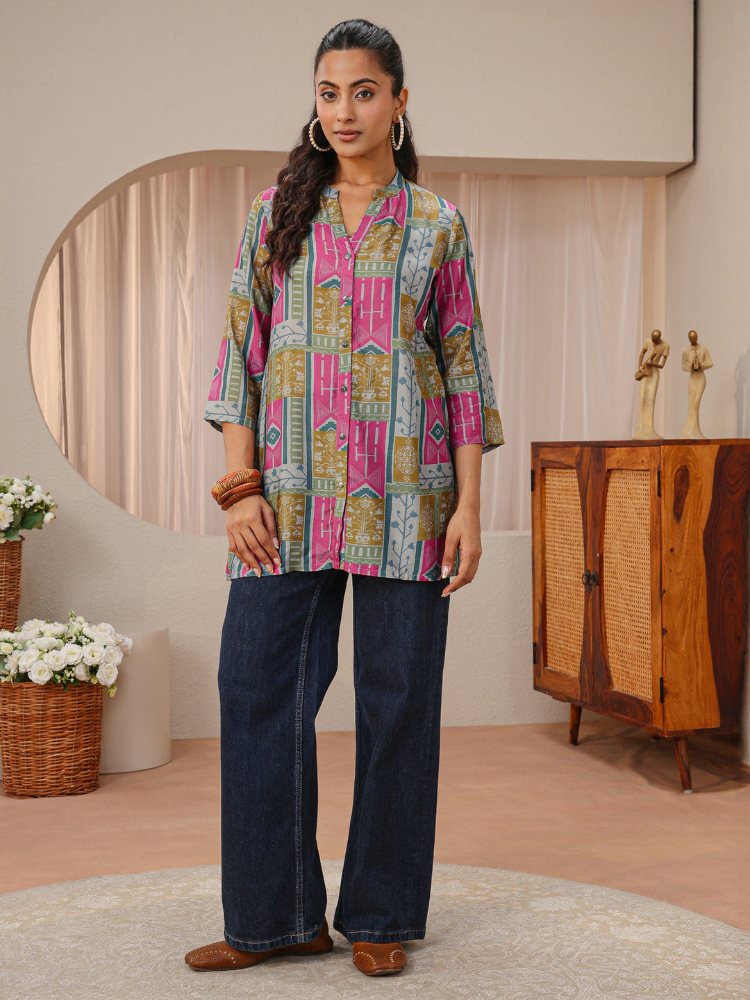  Multi Coloured Ethnic Printed Silk Blend Shirt 