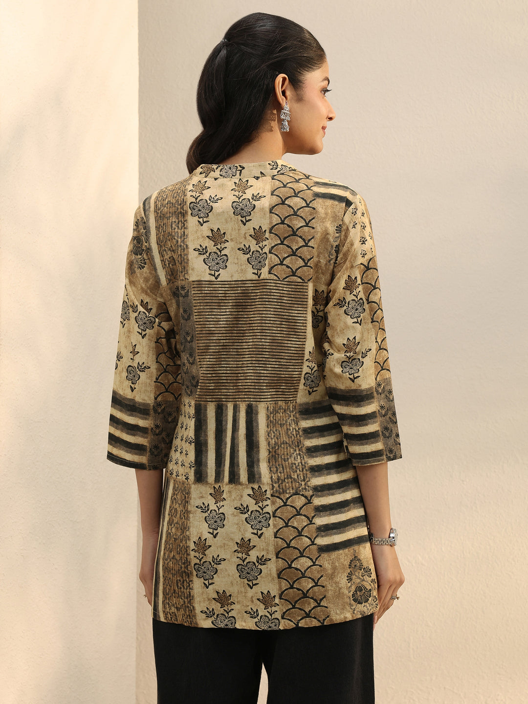  Beige Floral Printed Silk Blend Straight Short Kurti 