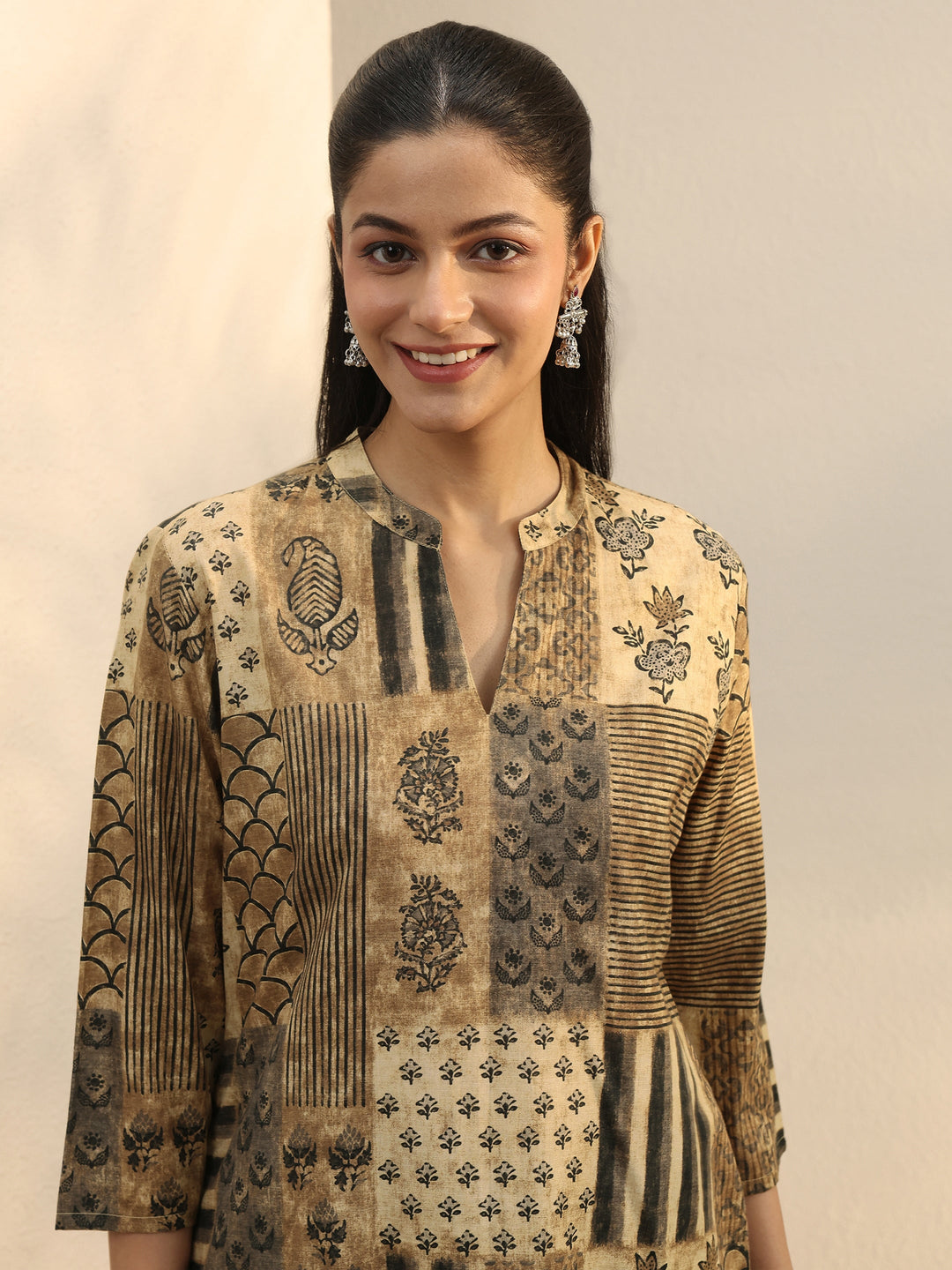  Beige Floral Printed Silk Blend Straight Short Kurti 