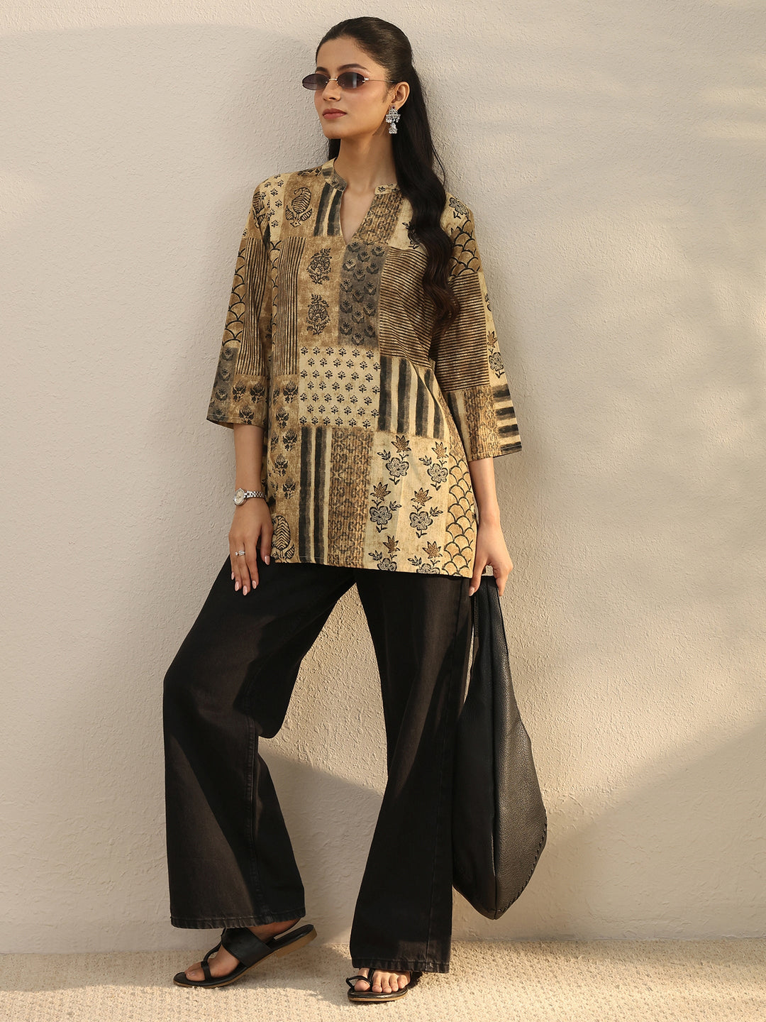  Beige Multi Printed Silk Blend Straight Short Kurti 