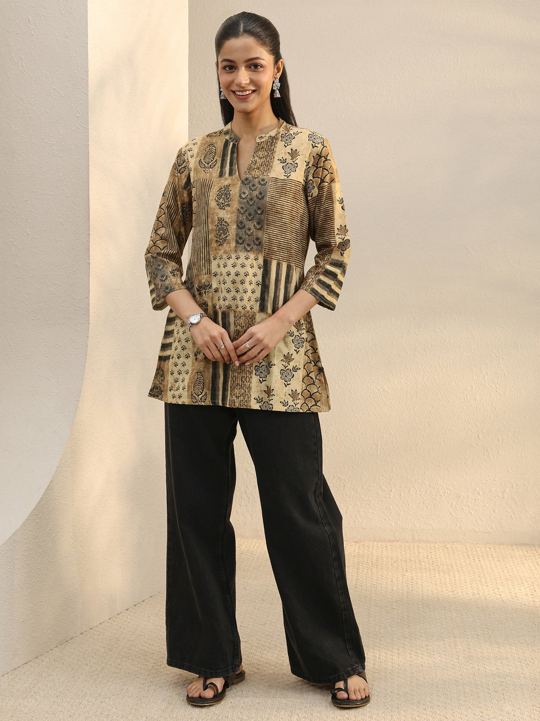  Beige Floral Printed Silk Blend Straight Short Kurti 