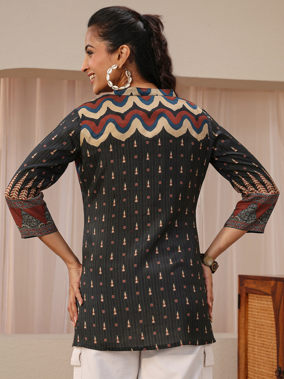  Grey Multi Printed Silk Blend Straight Short Kurti 