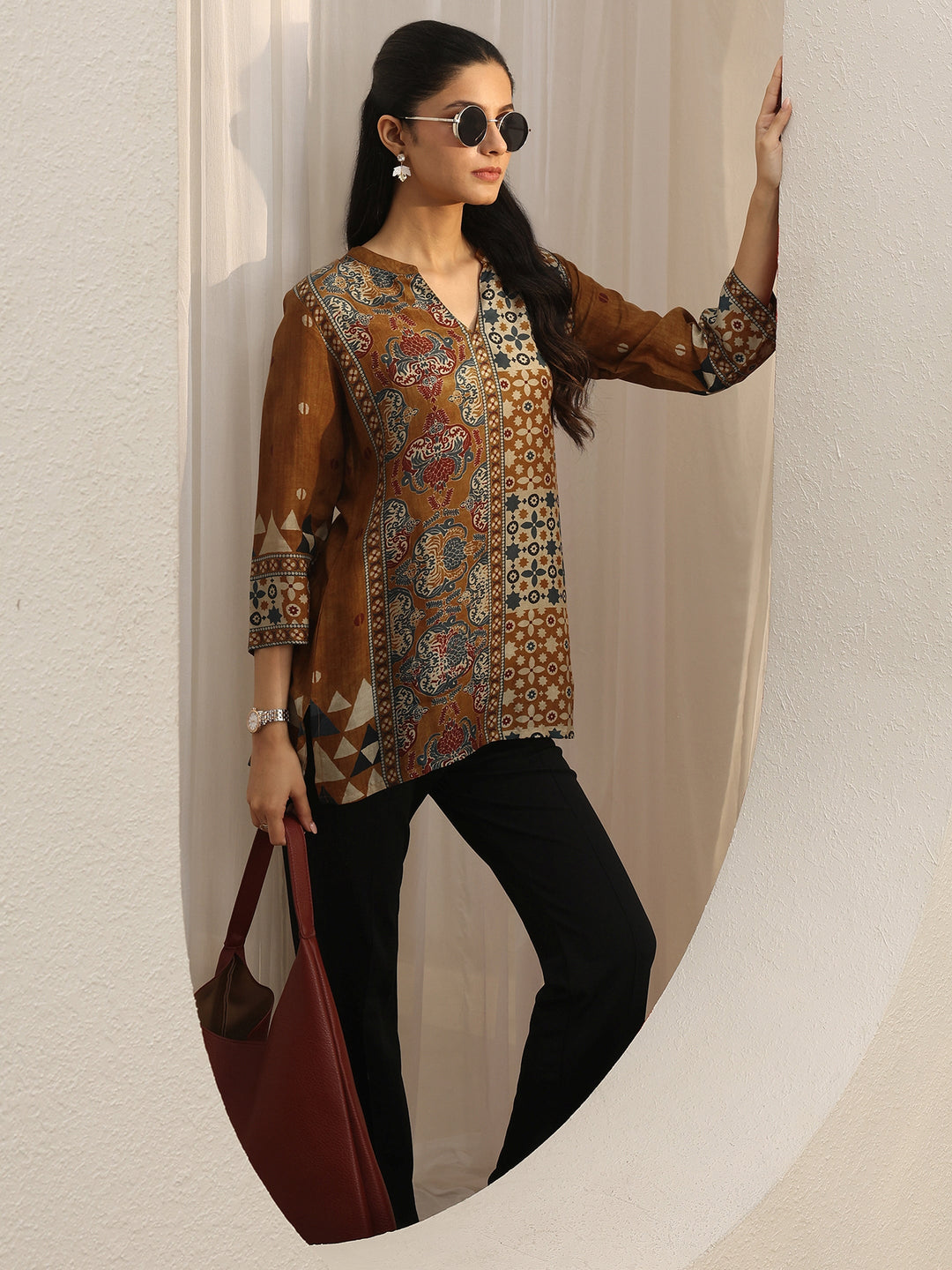  Rust Ethnic Printed Silk Blend Straight Short Kurti 