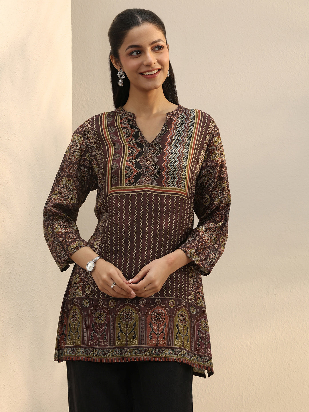  Burgundy Ethnic Printed Silk Blend Straight Short Kurti 