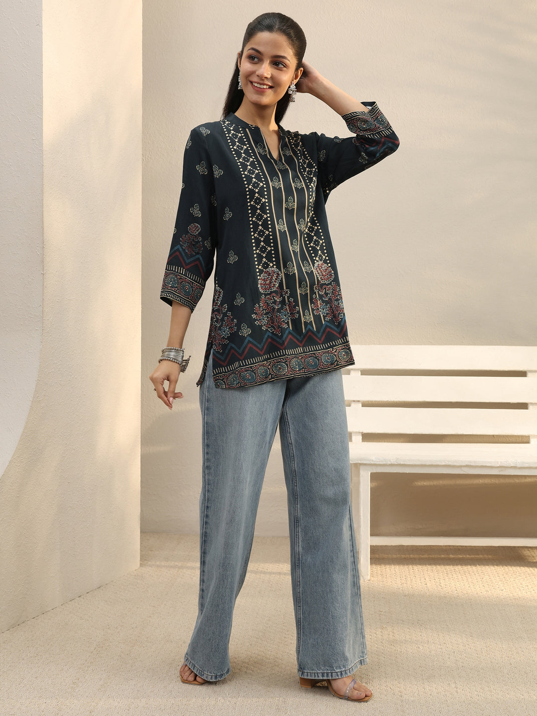  Blue Floral Printed Silk Blend Straight Short Kurti 