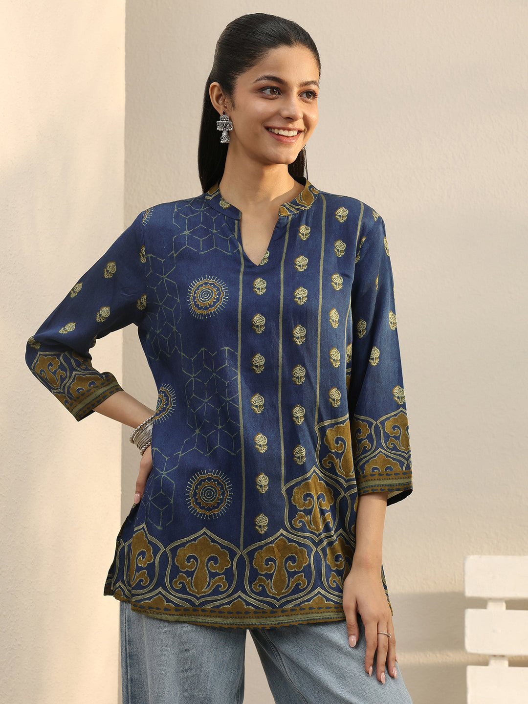  Blue Ethnic Printed Silk Blend Straight Short Kurti 