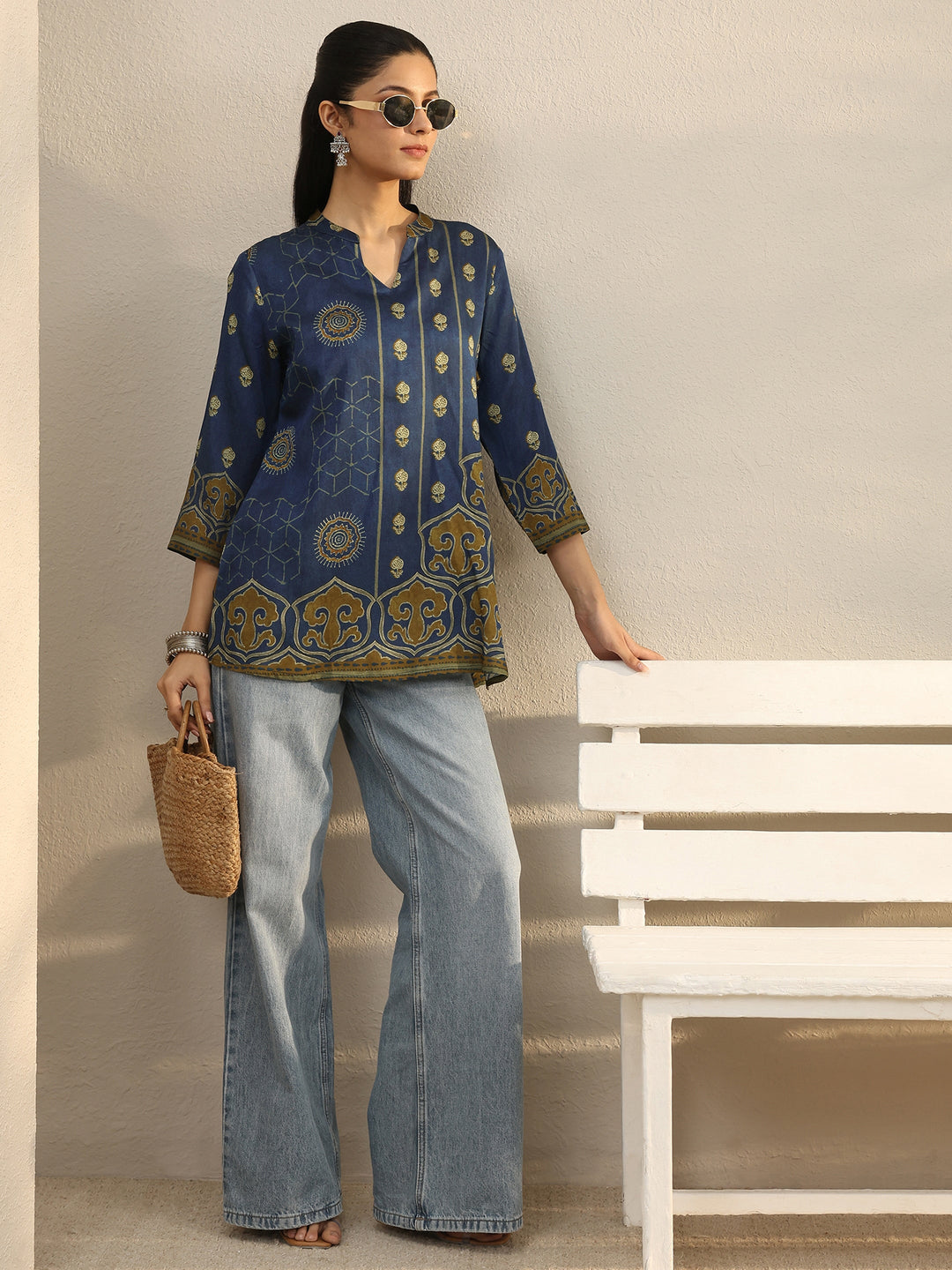  Blue Ethnic Printed Silk Blend Straight Short Kurti 