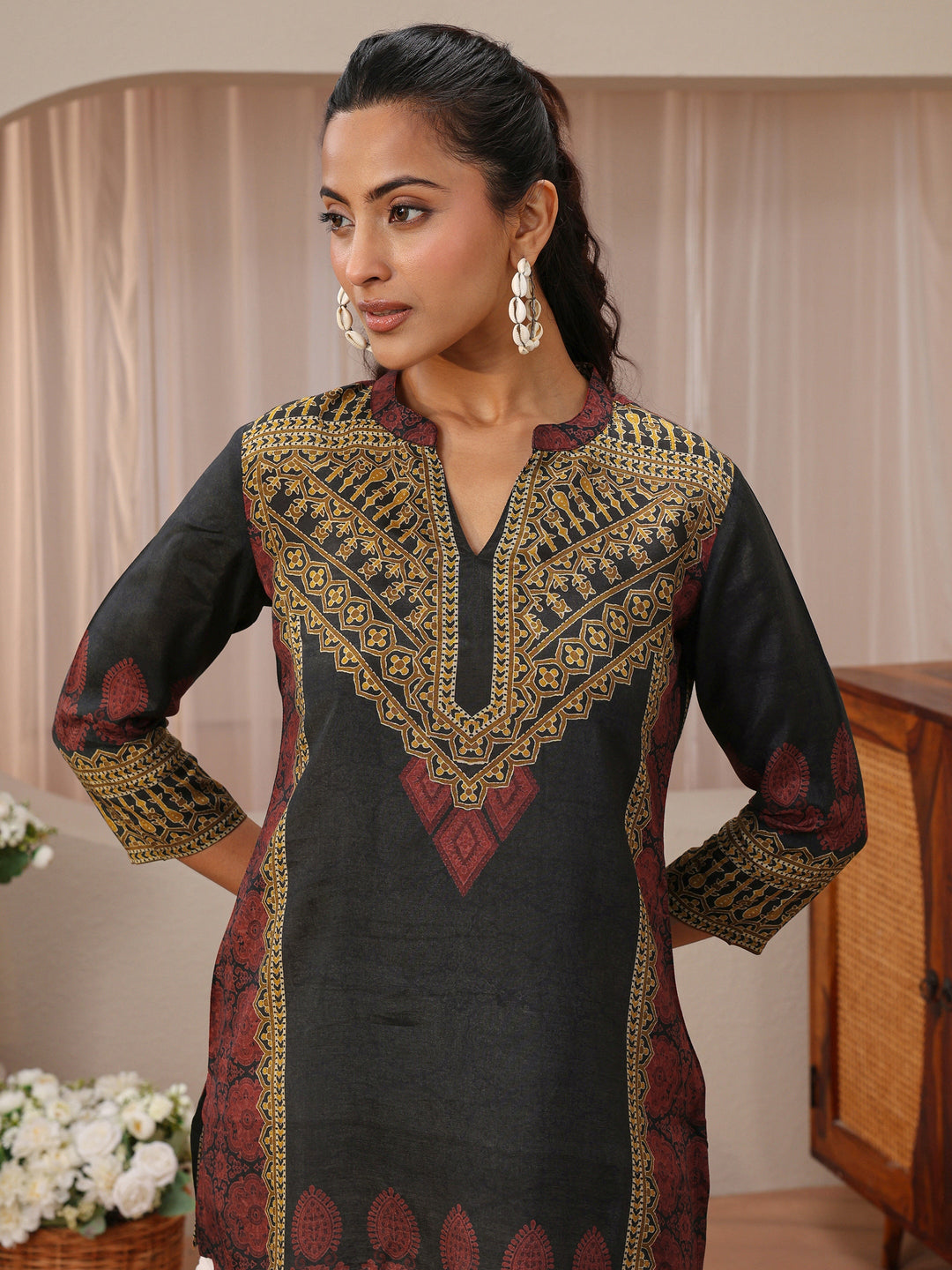  Black Ethnic Printed Silk Blend Straight Short Kurti 