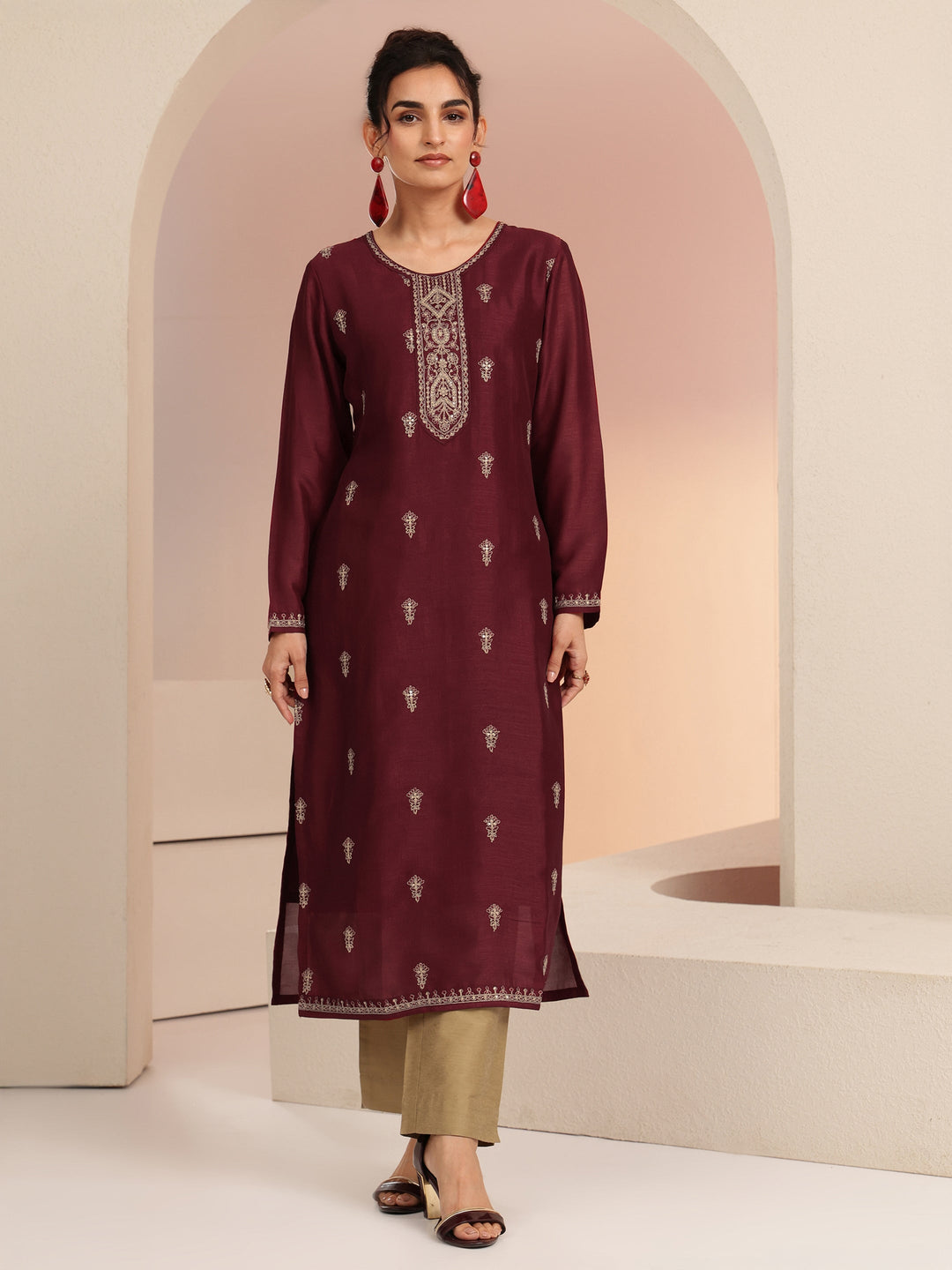  Maroon Ethnic Embroidered Silk Blend Straight Kurta Set 