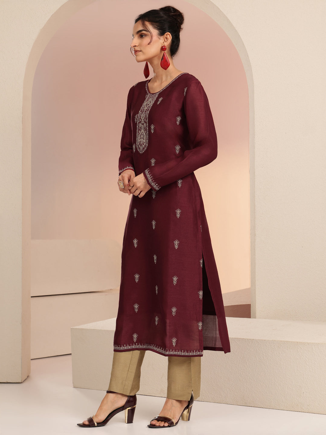 Maroon Ethnic Embroidered Silk Blend Straight Kurta Set 