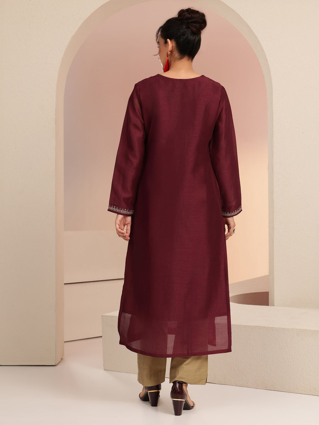  Maroon Ethnic Embroidered Silk Blend Straight Kurta Set 