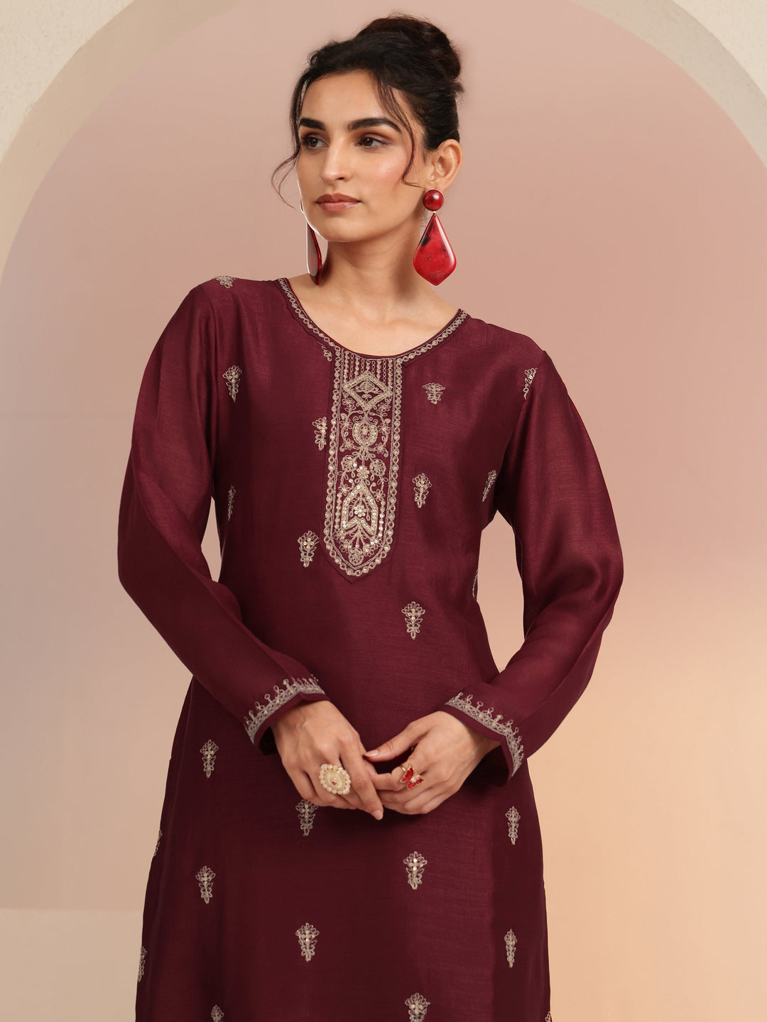  Maroon Ethnic Embroidered Silk Blend Straight Kurta Set 