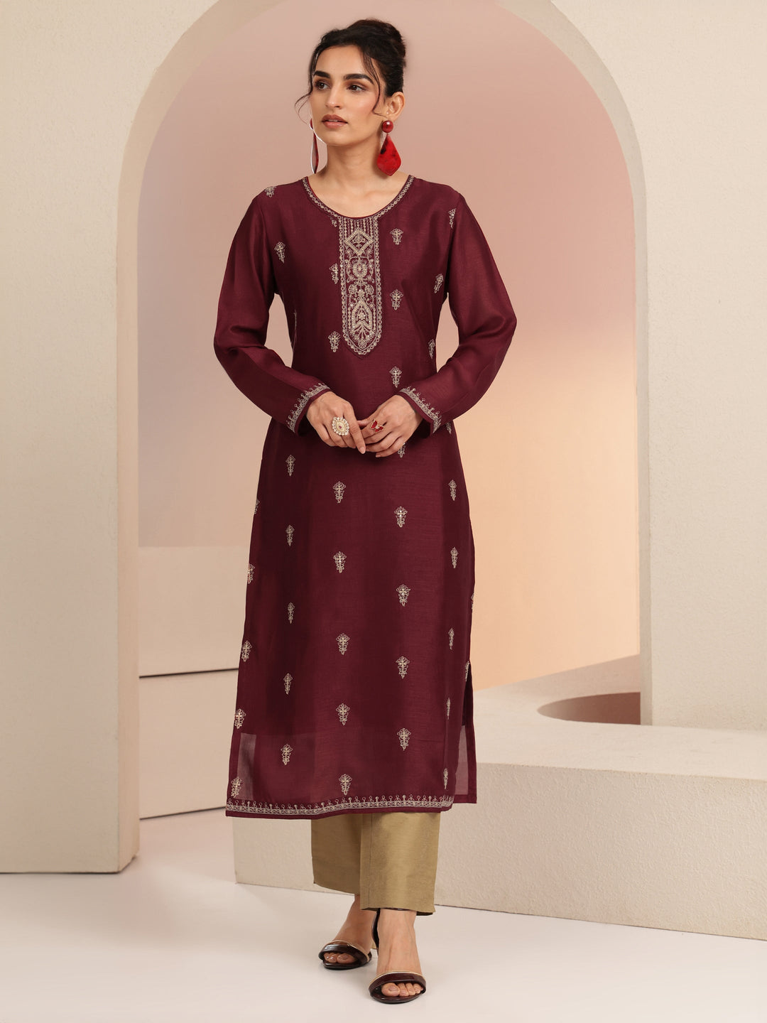  Maroon Ethnic Embroidered Silk Blend Straight Kurta Set 