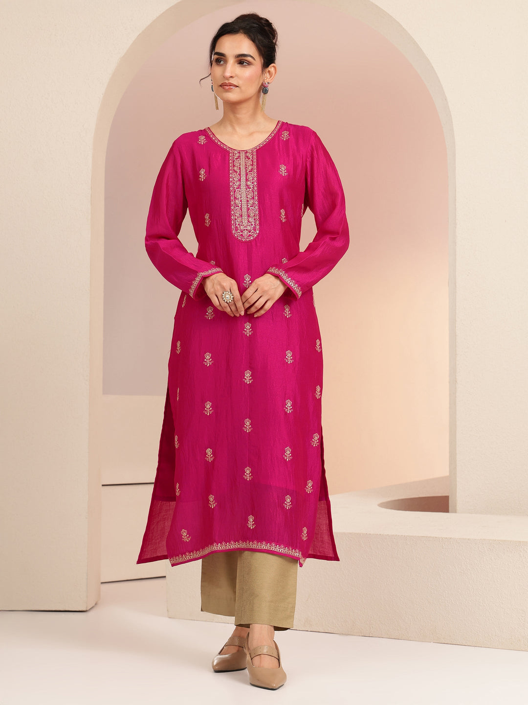  Rani Pink Ethnic Embroidered Silk Blend Straight Kurta Set 