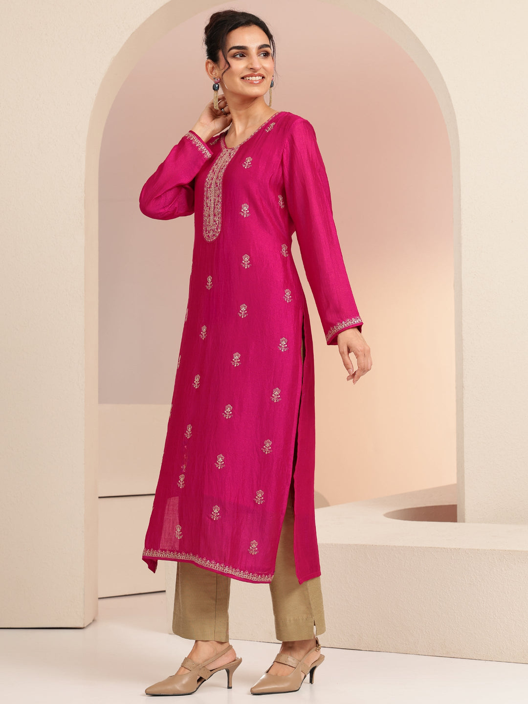  Rani Pink Ethnic Embroidered Silk Blend Straight Kurta Set 