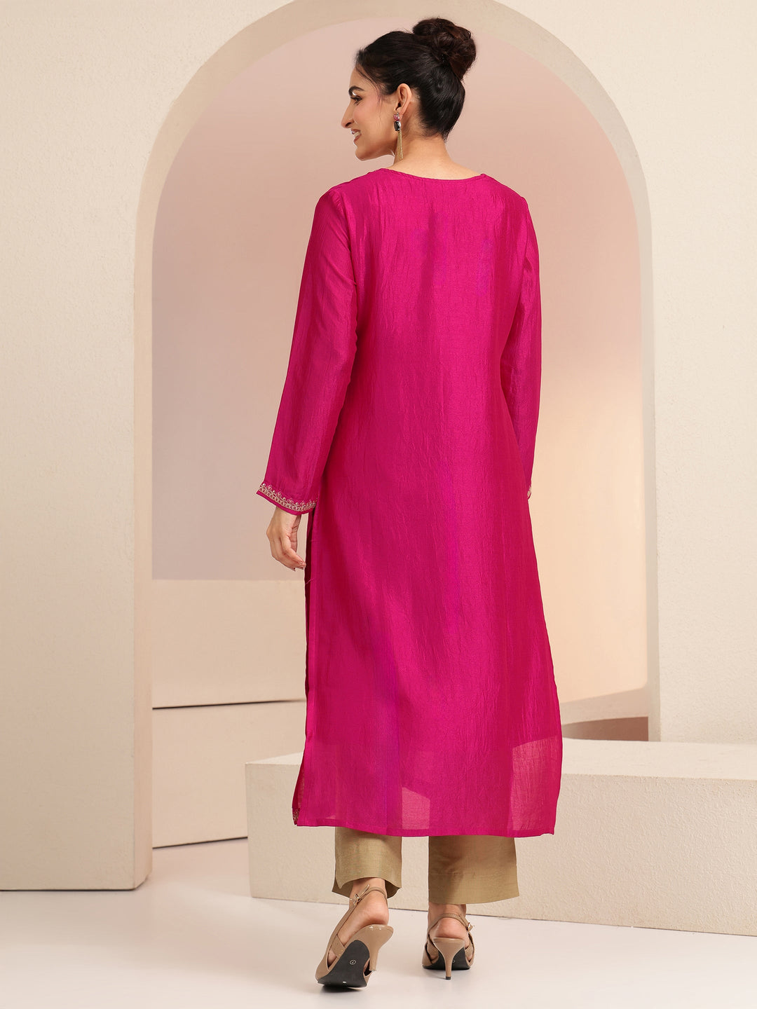  Rani Pink Ethnic Embroidered Silk Blend Straight Kurta Set 