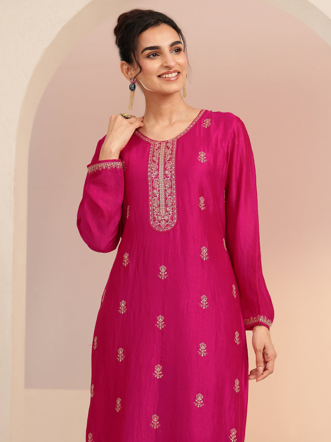  Rani Pink Ethnic Embroidered Silk Blend Straight Kurta Set 