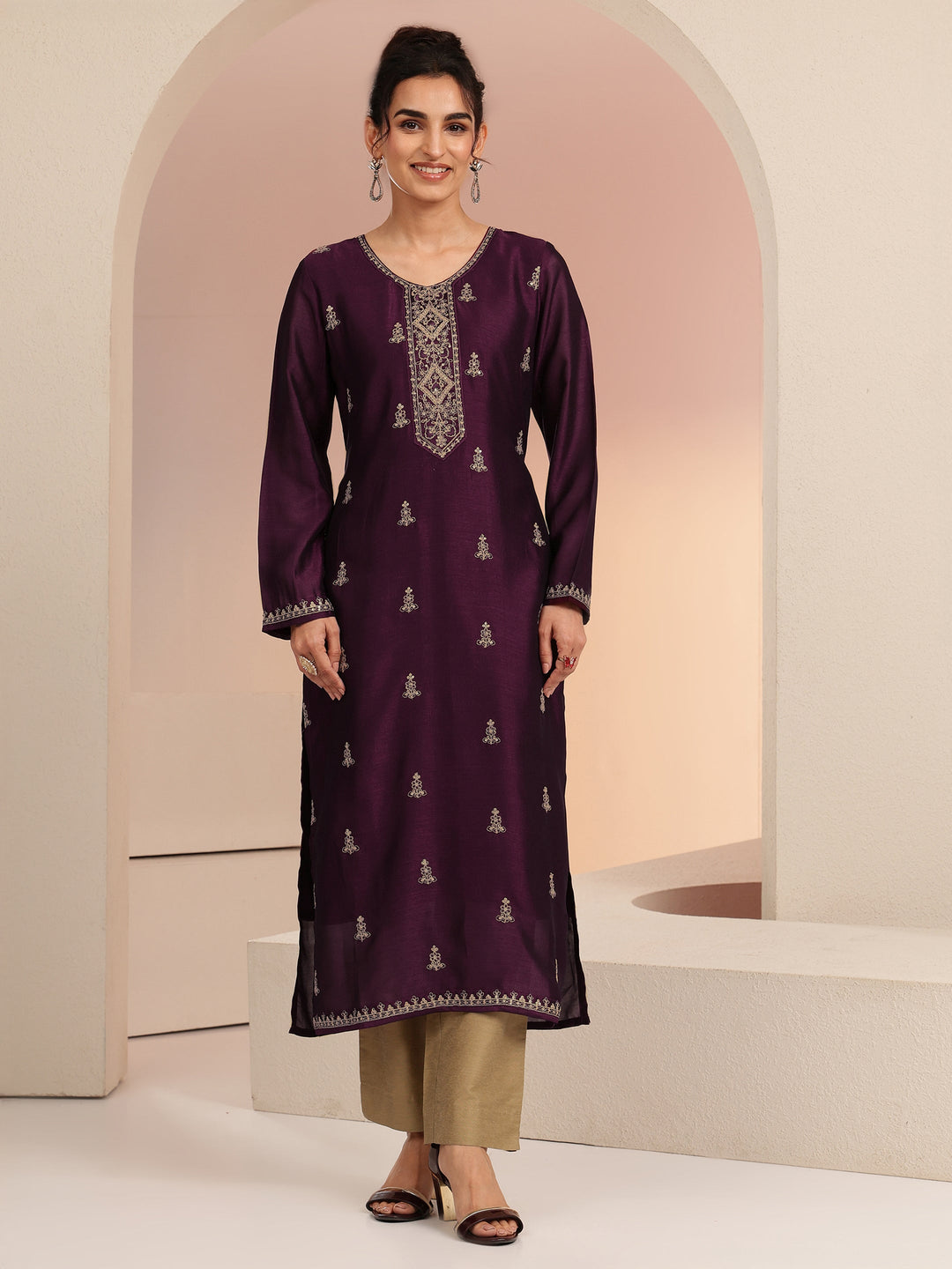  Burgundy Ethnic Embroidered Silk Blend Straight Kurta Set 