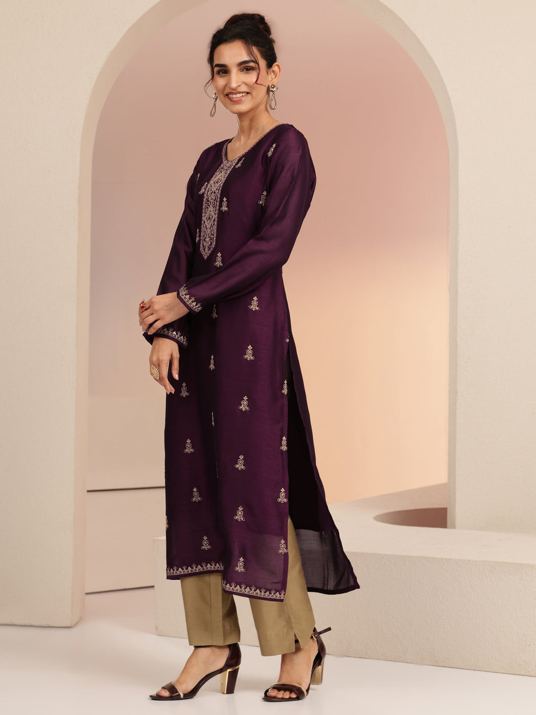 Burgundy Ethnic Embroidered Silk Blend Straight Kurta Set 