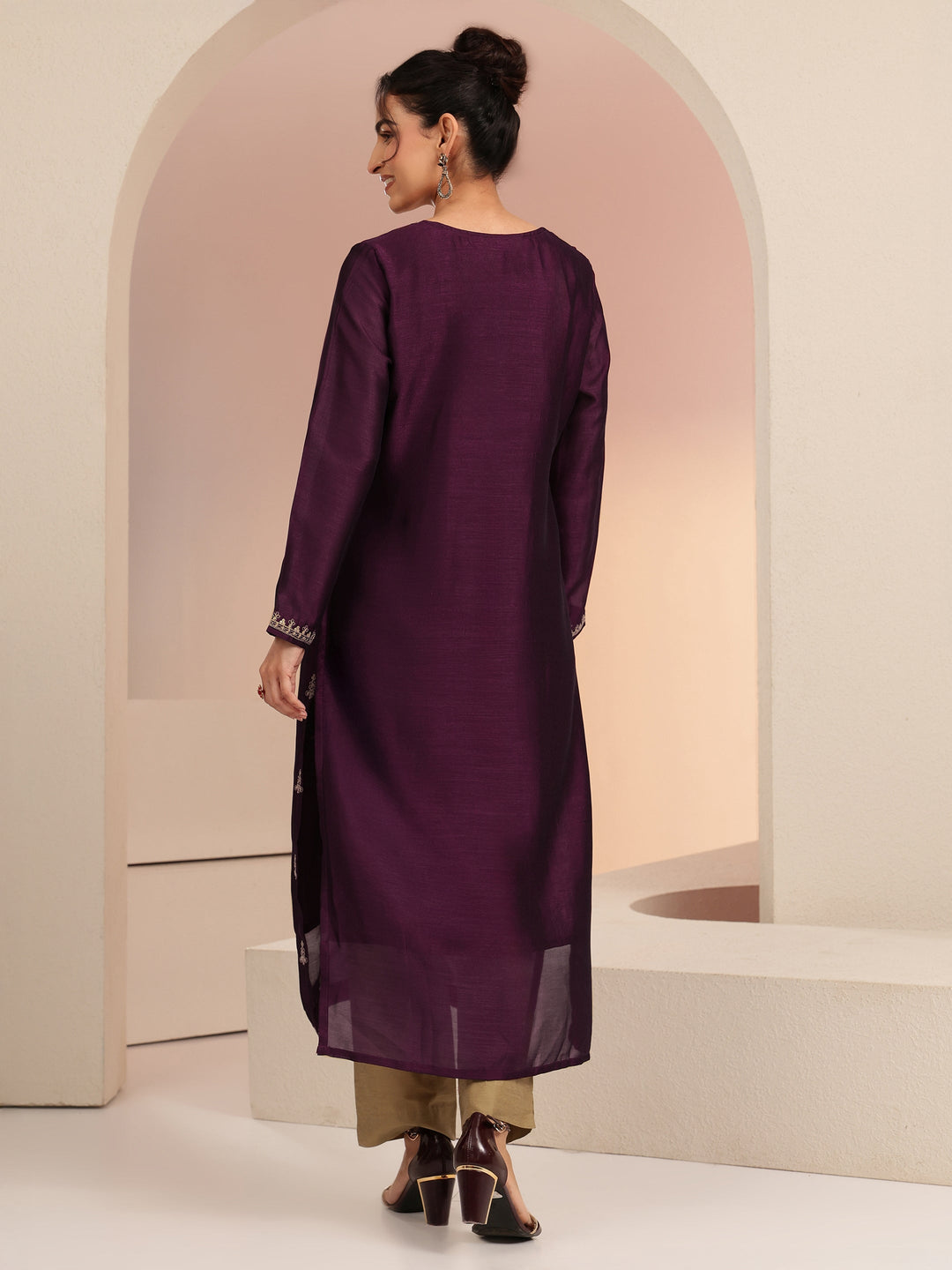  Burgundy Ethnic Embroidered Silk Blend Straight Kurta Set 