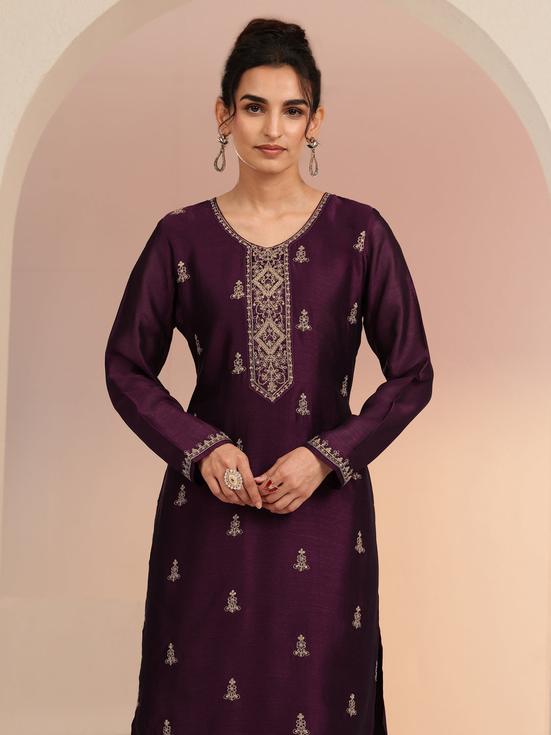  Burgundy Ethnic Embroidered Silk Blend Straight Kurta Set 