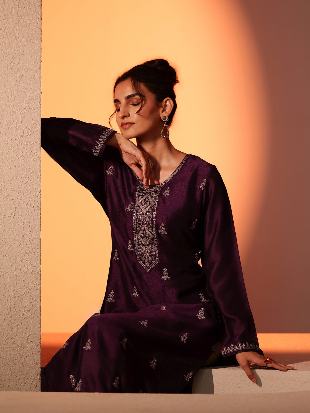  Burgundy Ethnic Embroidered Silk Blend Straight Kurta Set 