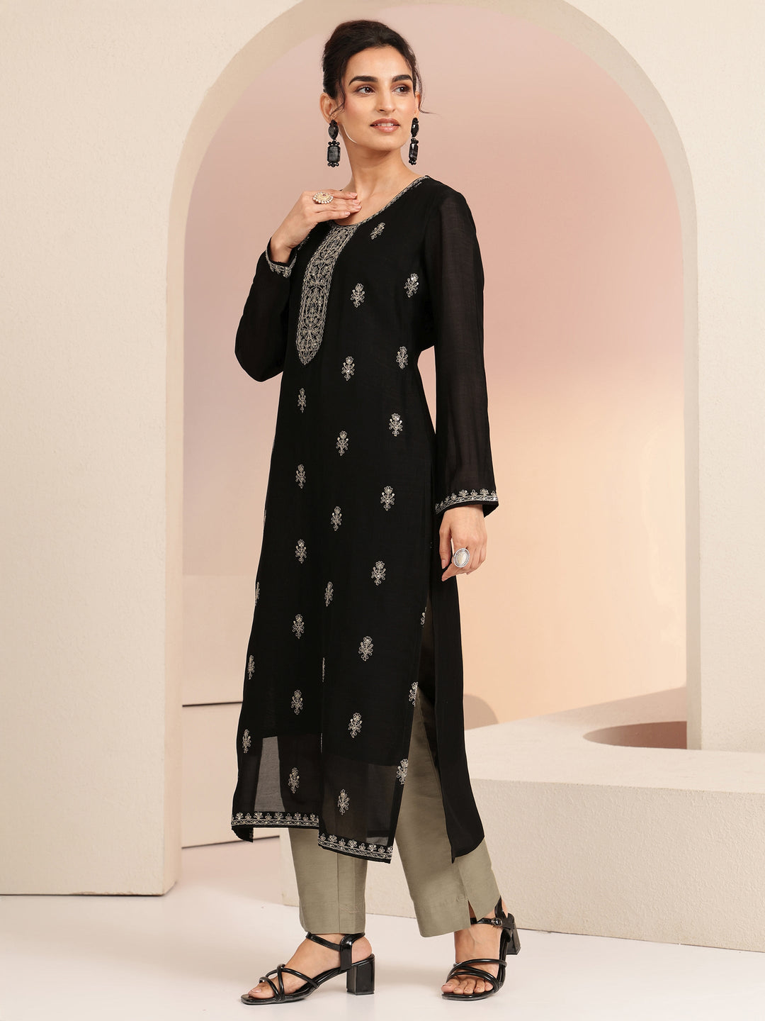  Black Ethnic Embroidered Silk Blend Straight Kurta Set 