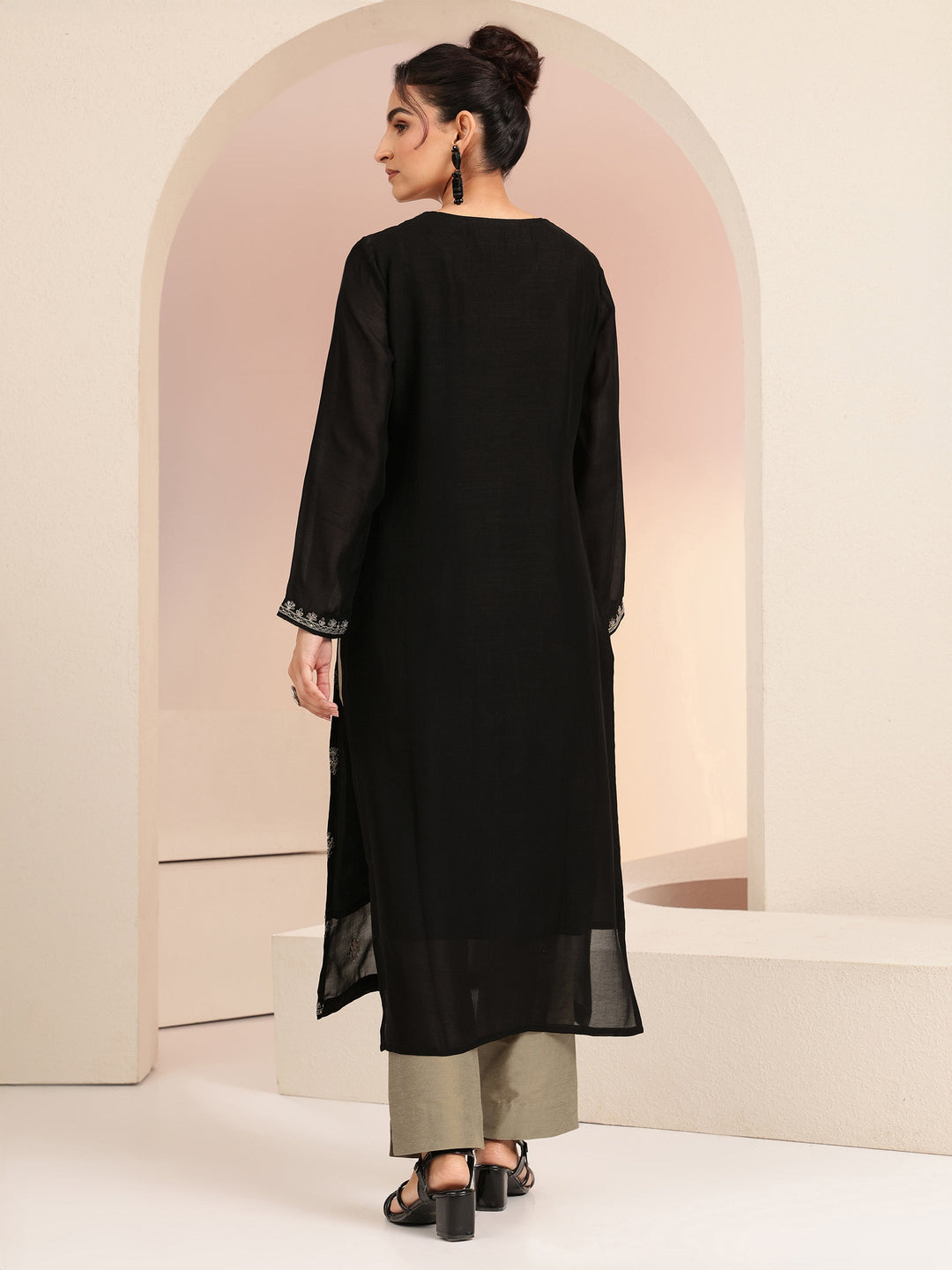  Black Ethnic Embroidered Silk Blend Straight Kurta Set 