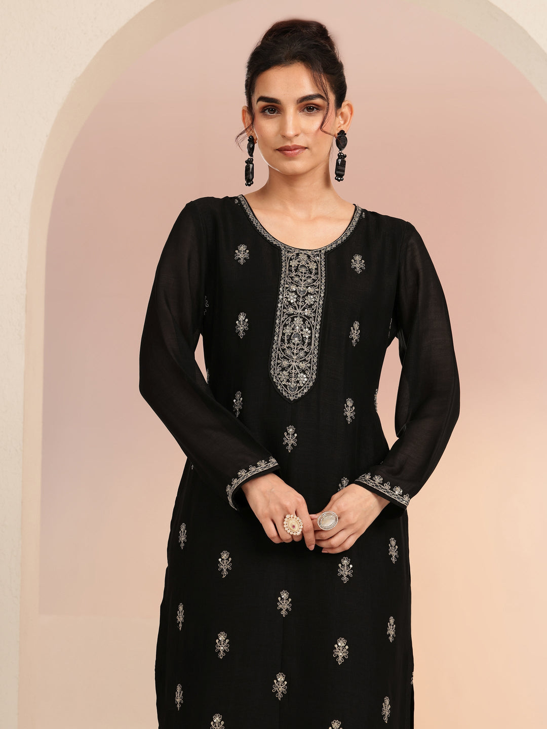  Black Ethnic Embroidered Silk Blend Straight Kurta Set 