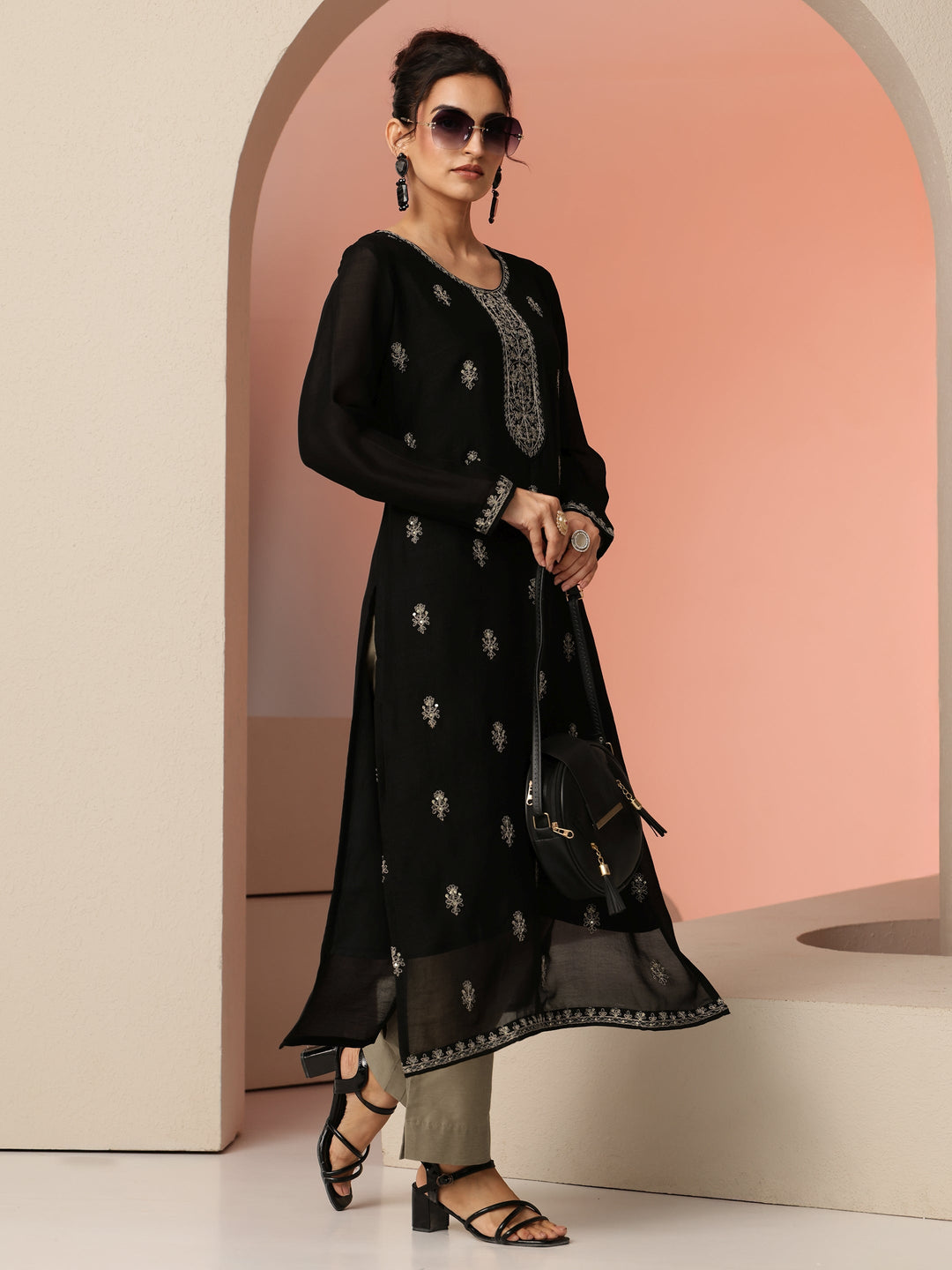  Black Ethnic Embroidered Silk Blend Straight Kurta Set 