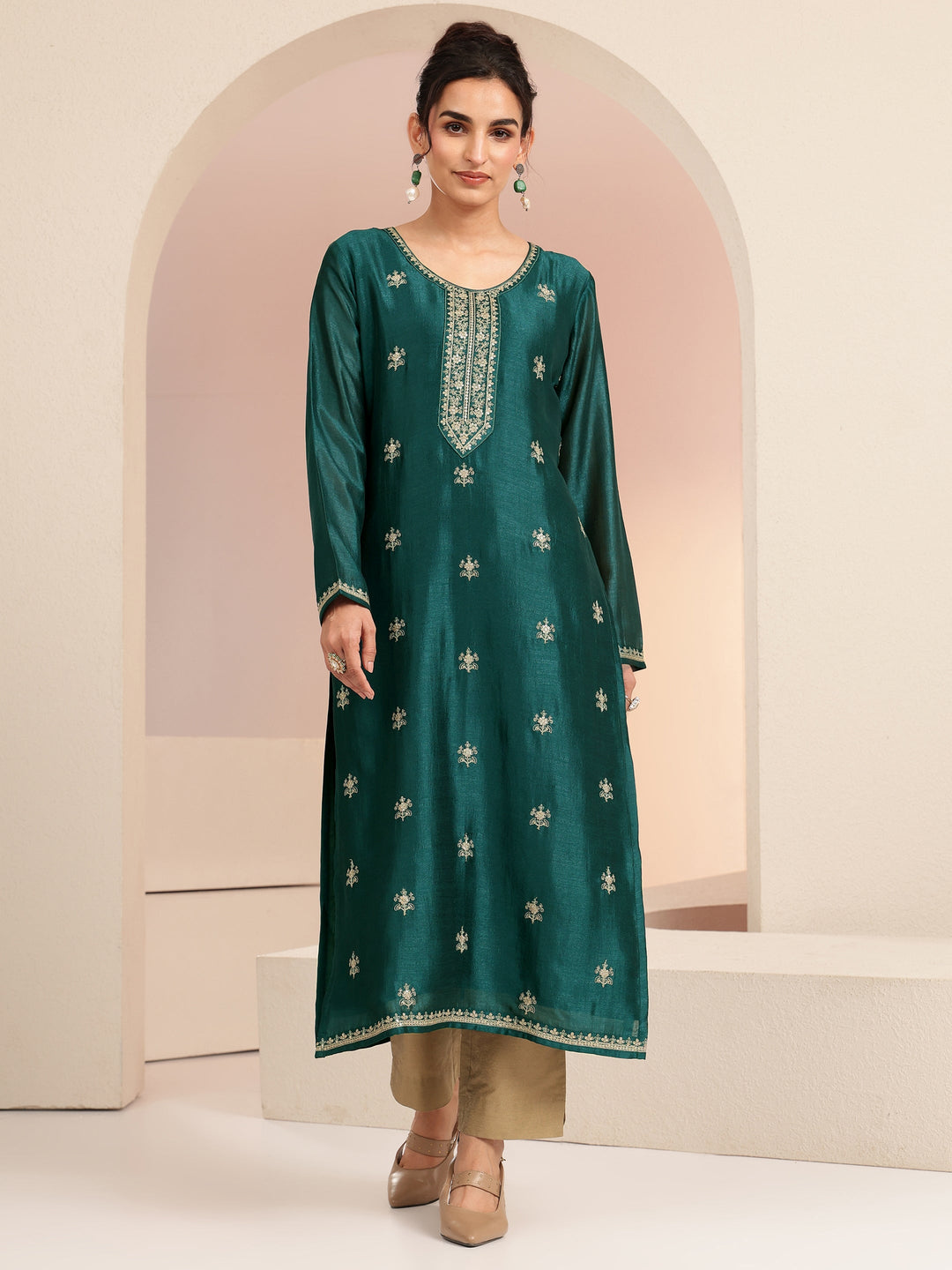  Bottle Green Ethnic Embroidered Silk Blend Straight Kurta Set 