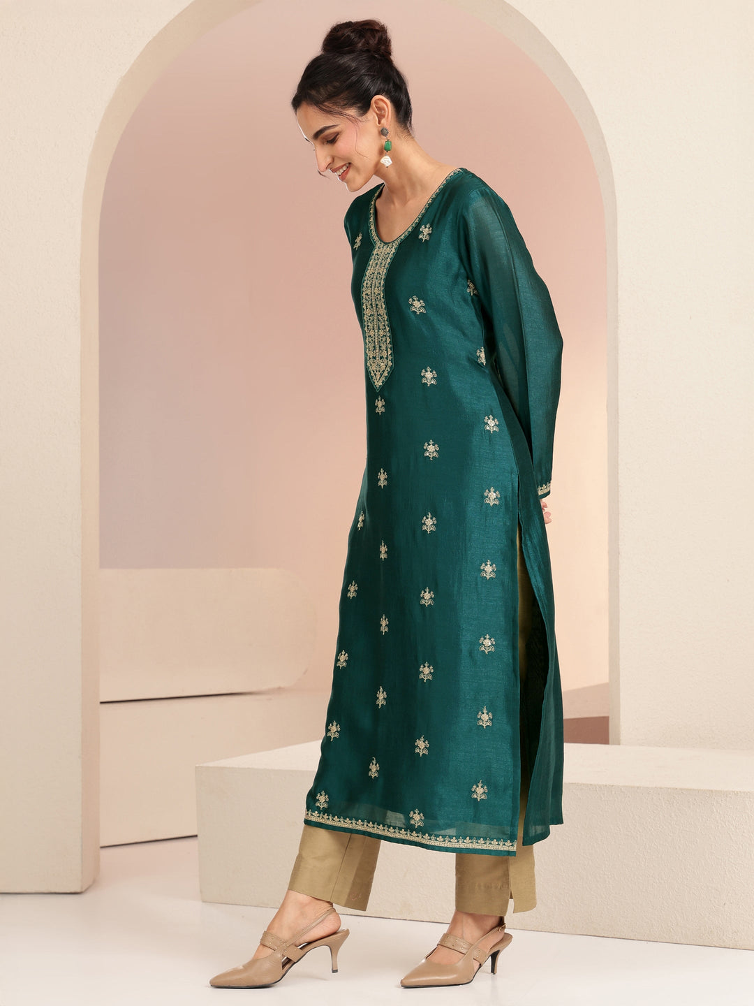  Bottle Green Ethnic Embroidered Silk Blend Straight Kurta Set 