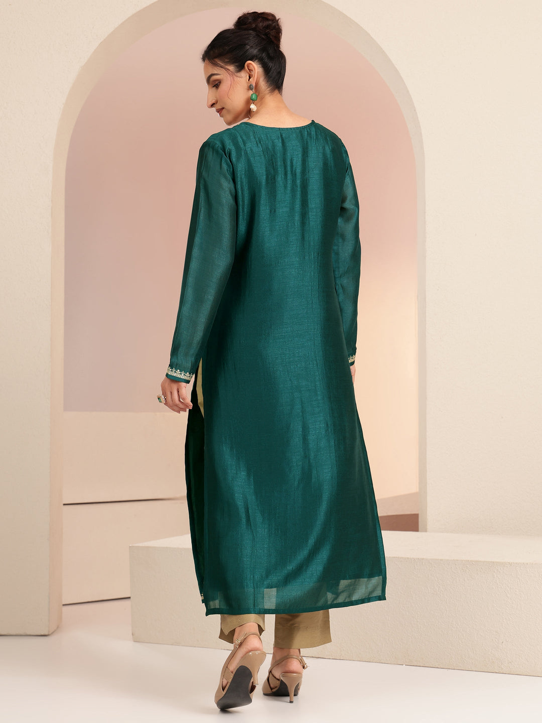  Bottle Green Ethnic Embroidered Silk Blend Straight Kurta Set 