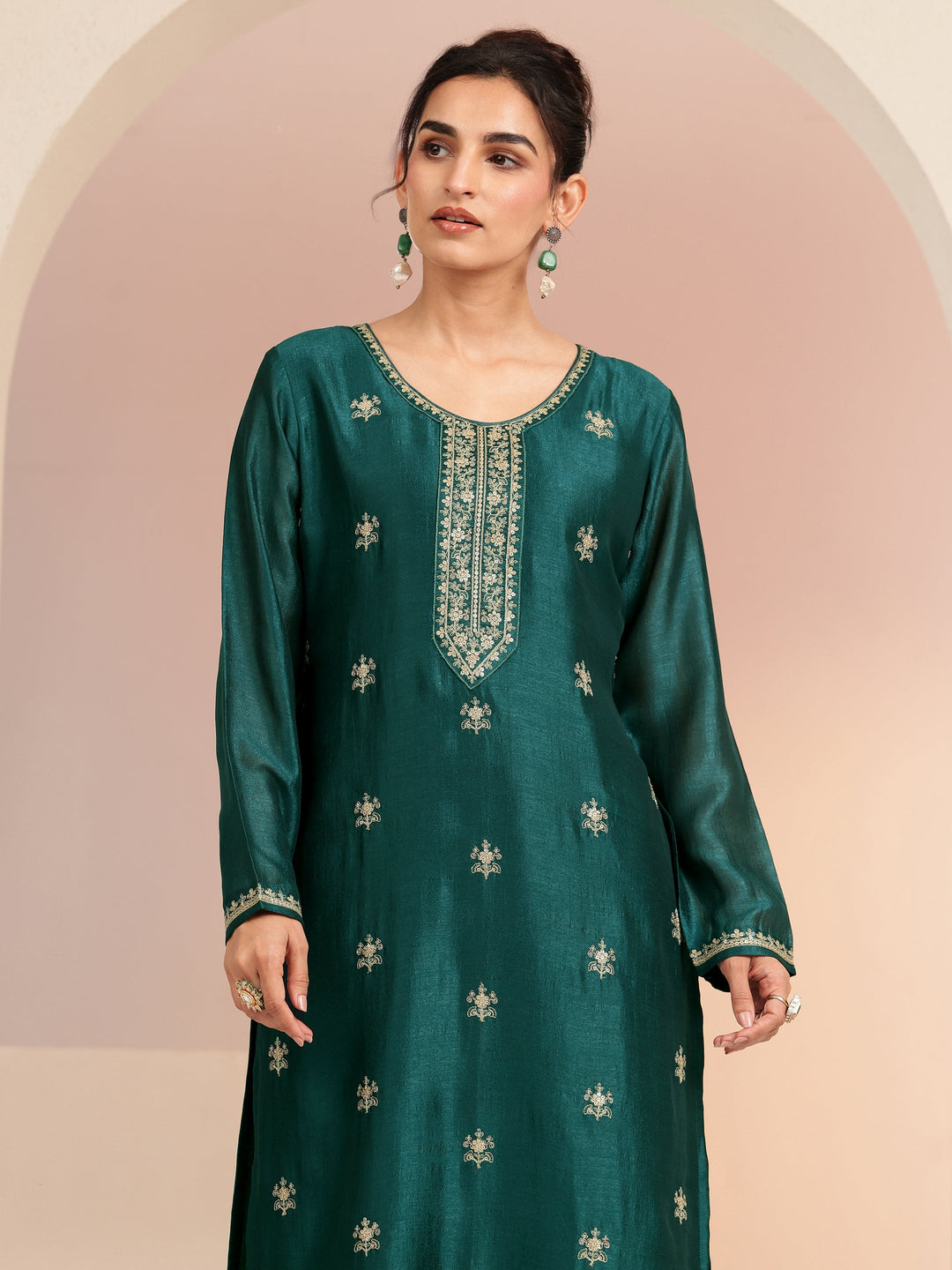  Bottle Green Ethnic Embroidered Silk Blend Straight Kurta Set 
