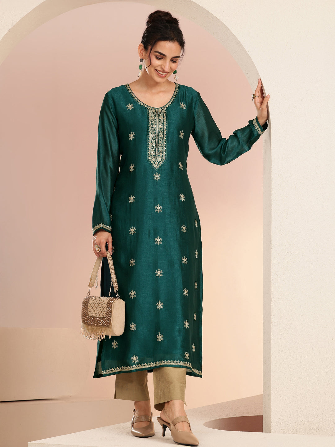  Bottle Green Ethnic Embroidered Silk Blend Straight Kurta Set 