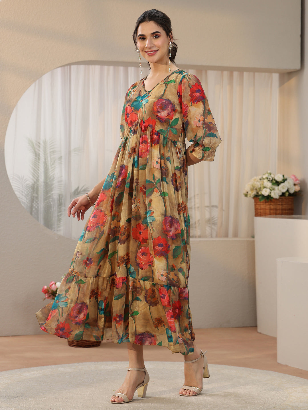  Libas Multicolour Floral Printed Empire Chiffon Dress 